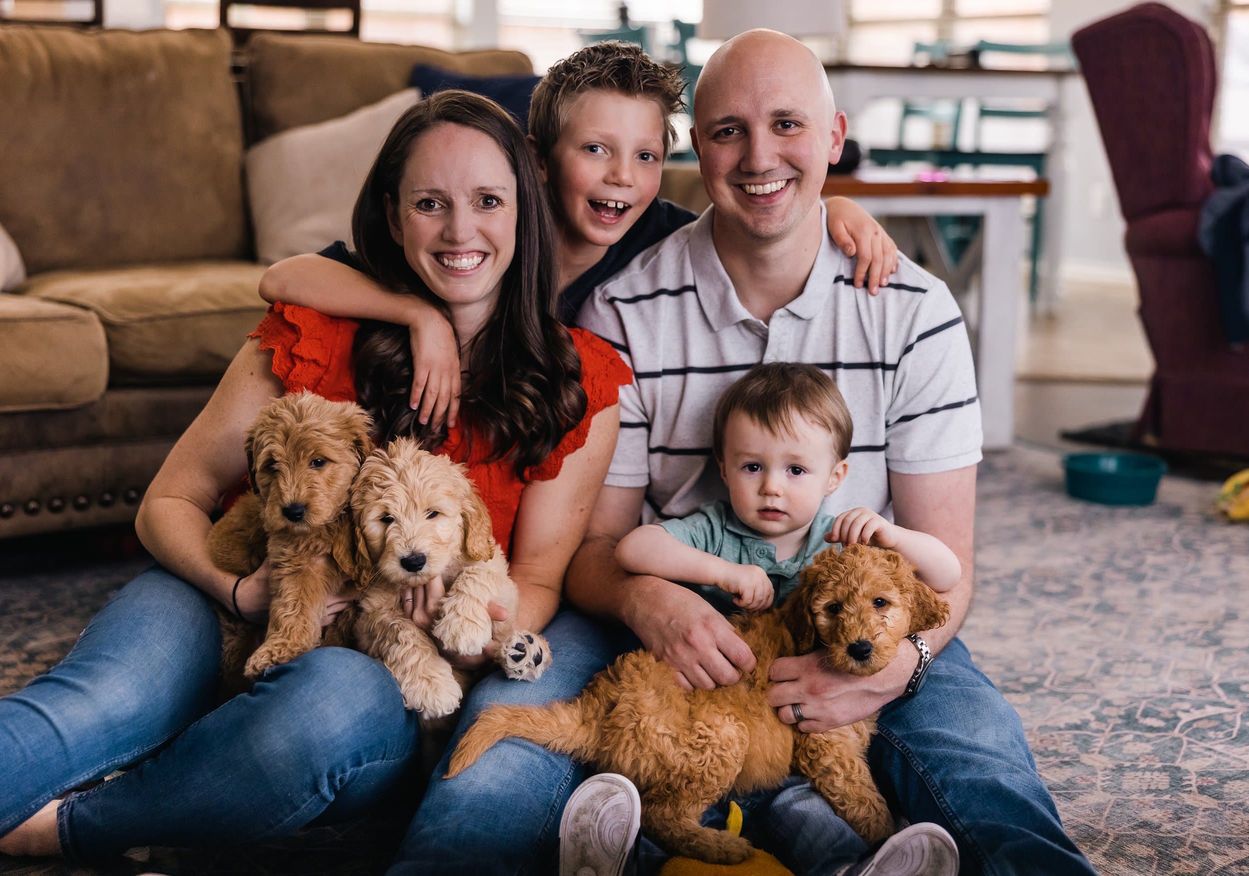 The Purkey family — Jenna, Jonathan, and their boys with their Goldendoodle puppies