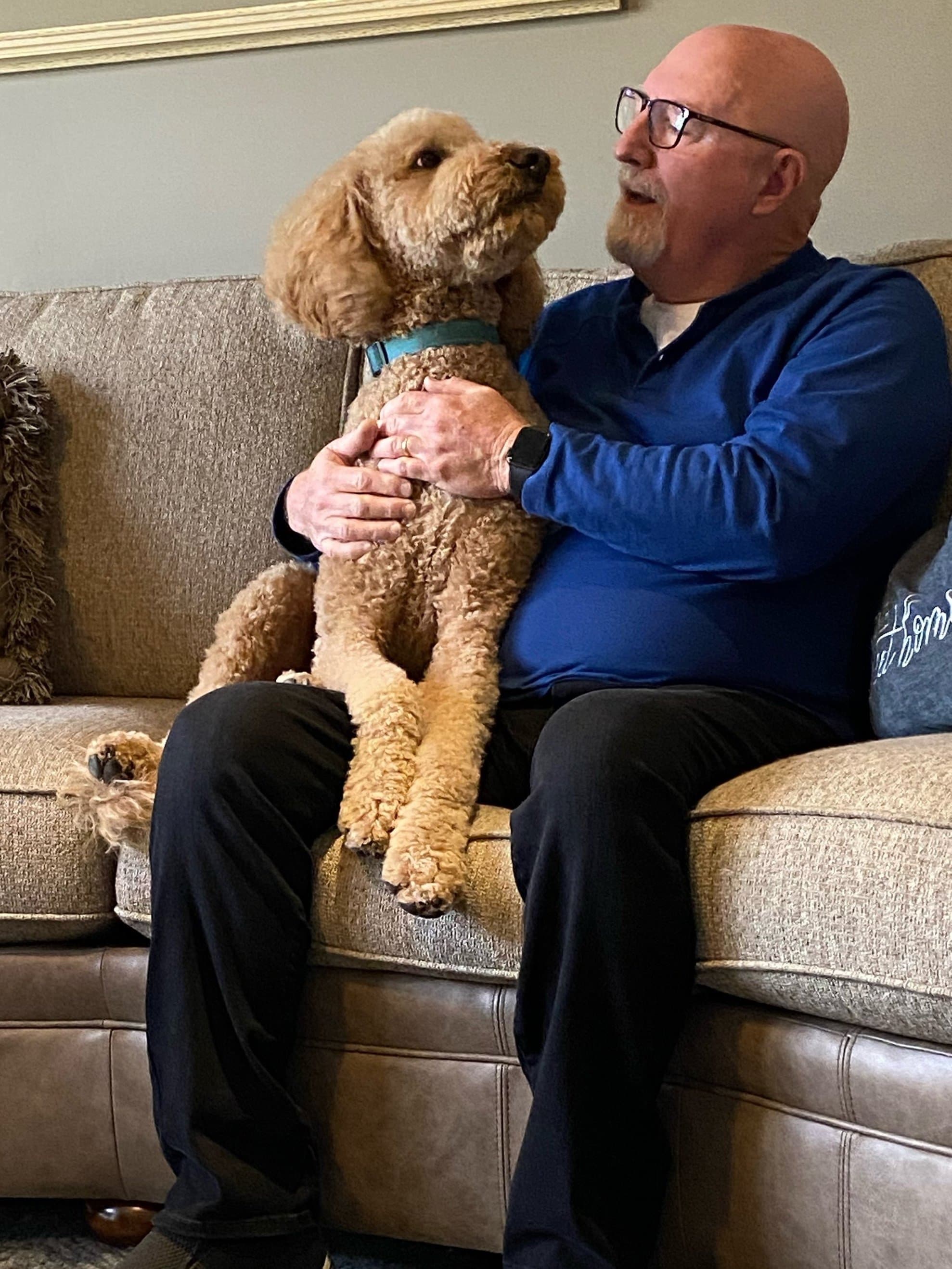 A Purkey Puppies Goldendoodle with its owner