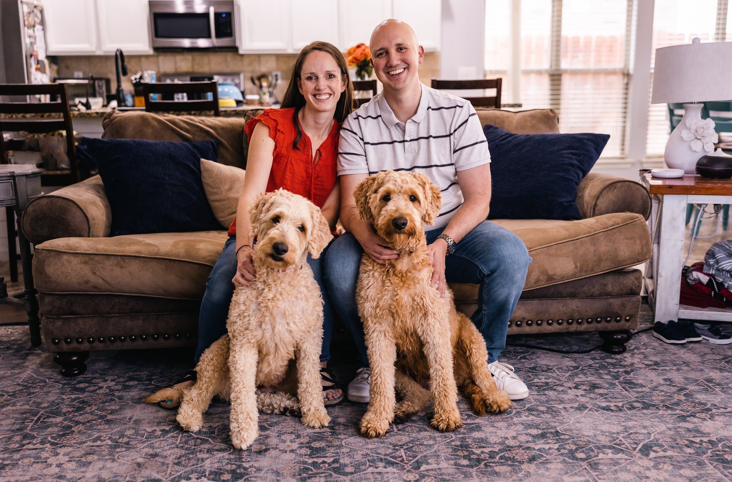 Two healthy adult Goldendoodles outdoors